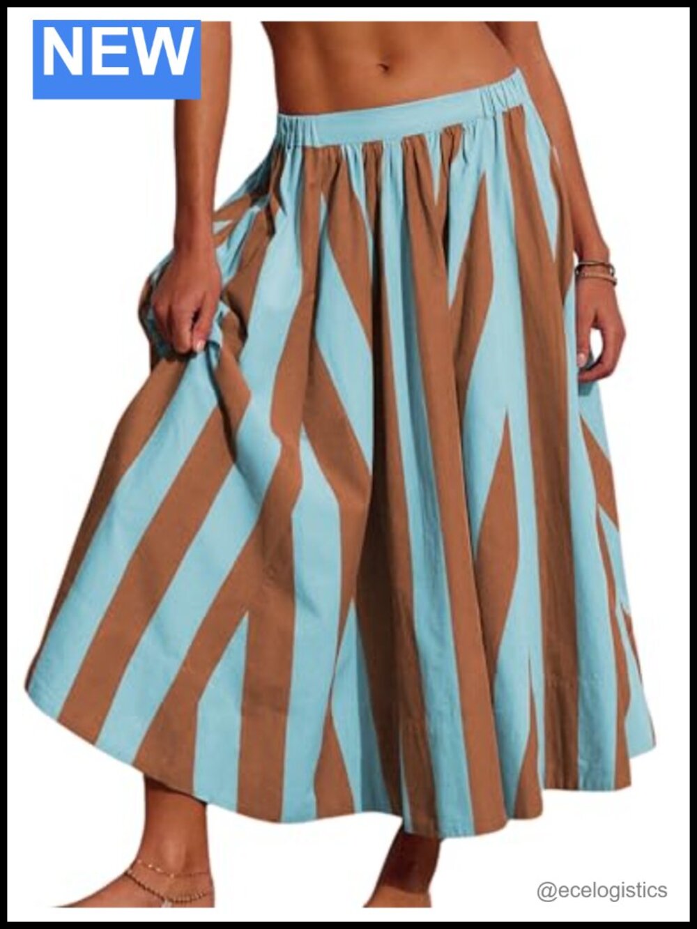 A-Line Rainbow Striped Maxi Skirt Elastic Waist Flowy Beach Vacation Summer